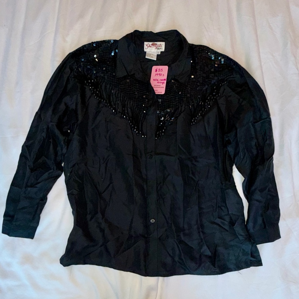 Vintage 100% Silk Beaded Fringe Button Down - Black Size L